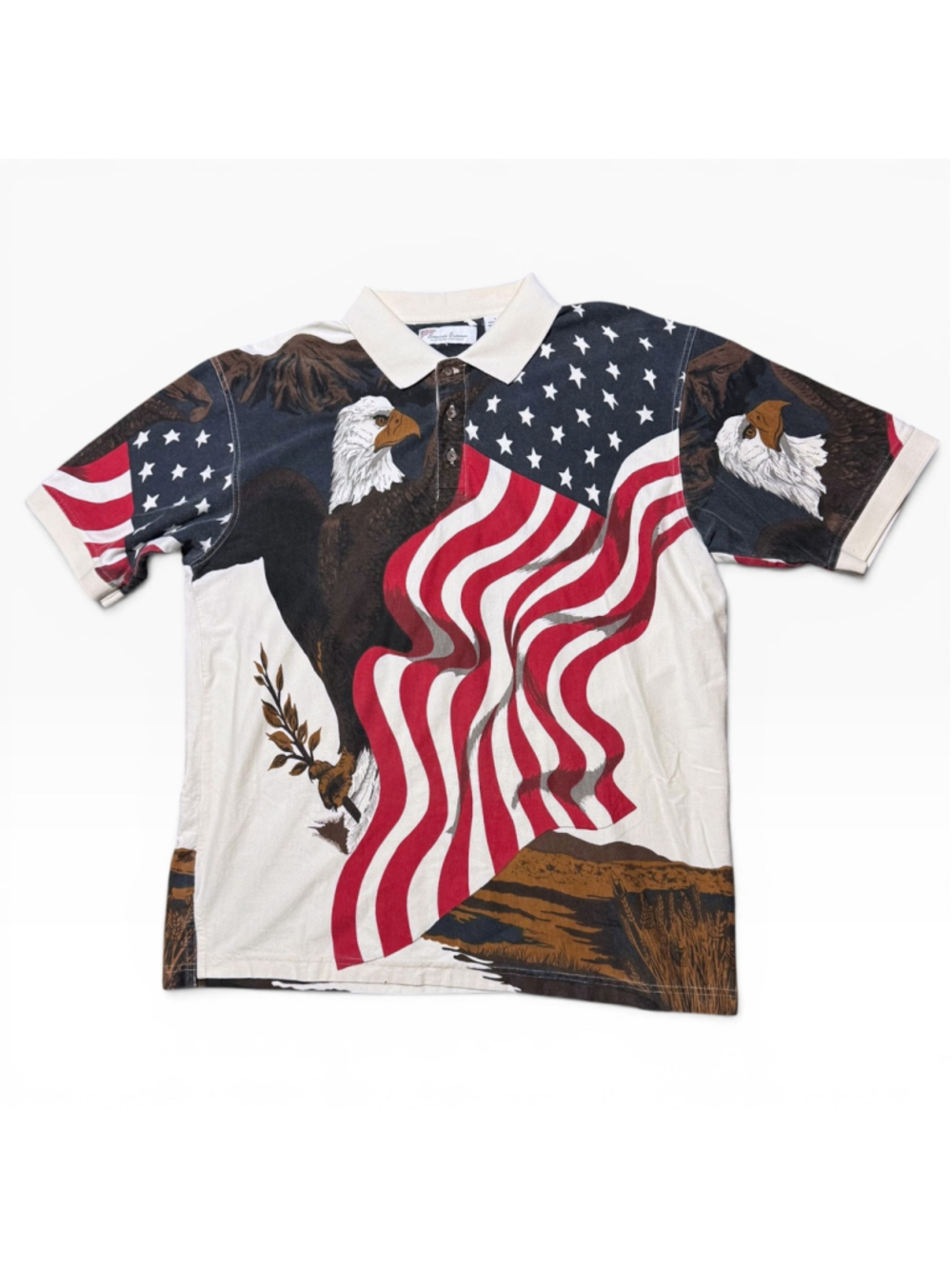 Vintage 90s American Summer Polo Shirt Large White Red Patriotic Eagle Print